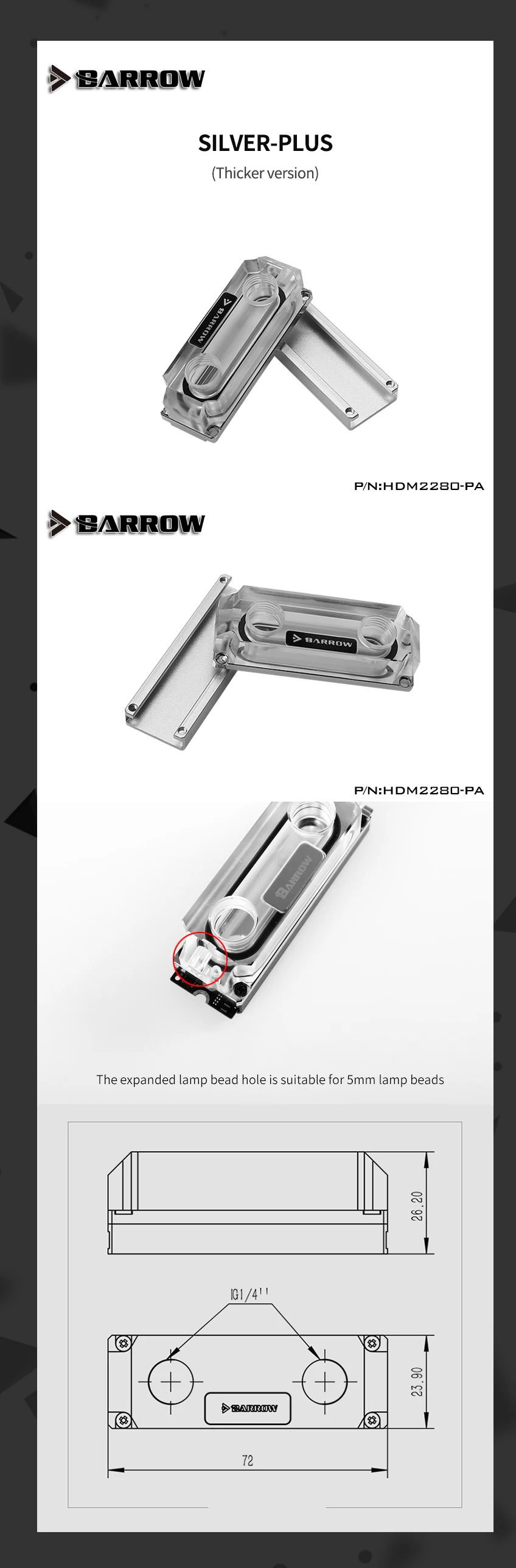 Barrow HDM2280-PA, 2280/22110 Size M2 SSD Water Block, Double Sided Auxiliary Cooling  