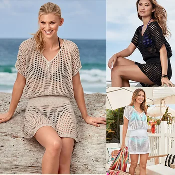 

Tunic Beach Dress Plus Size Swimsuit Bikini Cover Up Mesh Crochet Knitted Beach Cover Up Bathing Suit Cover Ups Swimwear Women