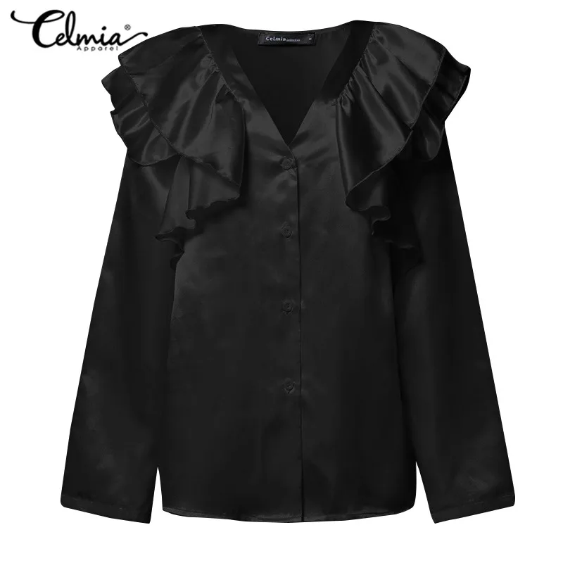  Stylish Tops Celmia Women Satin Blouse Female Long Sleeve Ruffled Shirts Sexy V-neck Casual Loose B