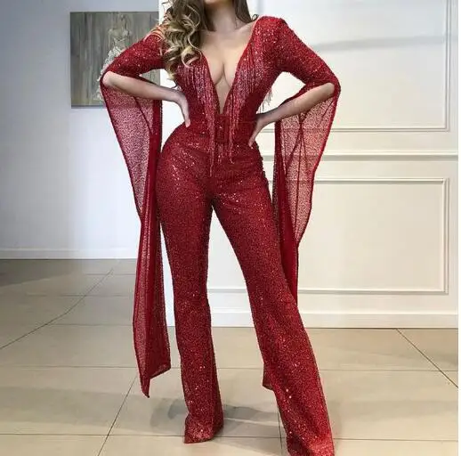 

AliExpress Explosion Style Sexy Solid Color Deep V Long Sleeve Slim Jumpsuit