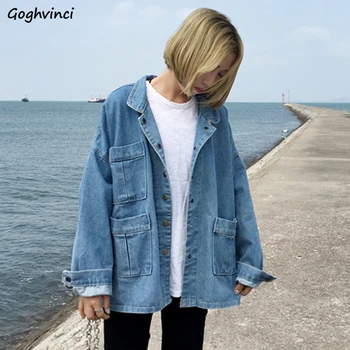 

Jackets Women Denim Ulzzang Streetwear High Quality Loose Solid Pockets Casual Single Breasted All-match Harajuku Womens Jacket