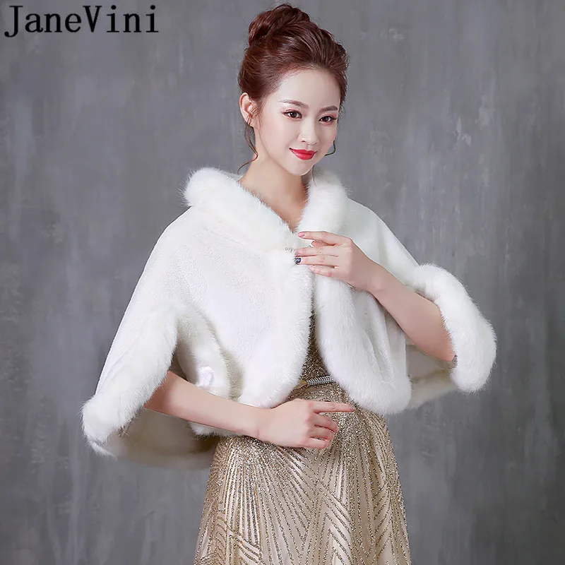 JaneVini White Winter Wedding Bridal Faux Fur Wraps Warm Shawls Women Coat for Evening Party Cape Cloaks Bolero Fourrure Mariage
