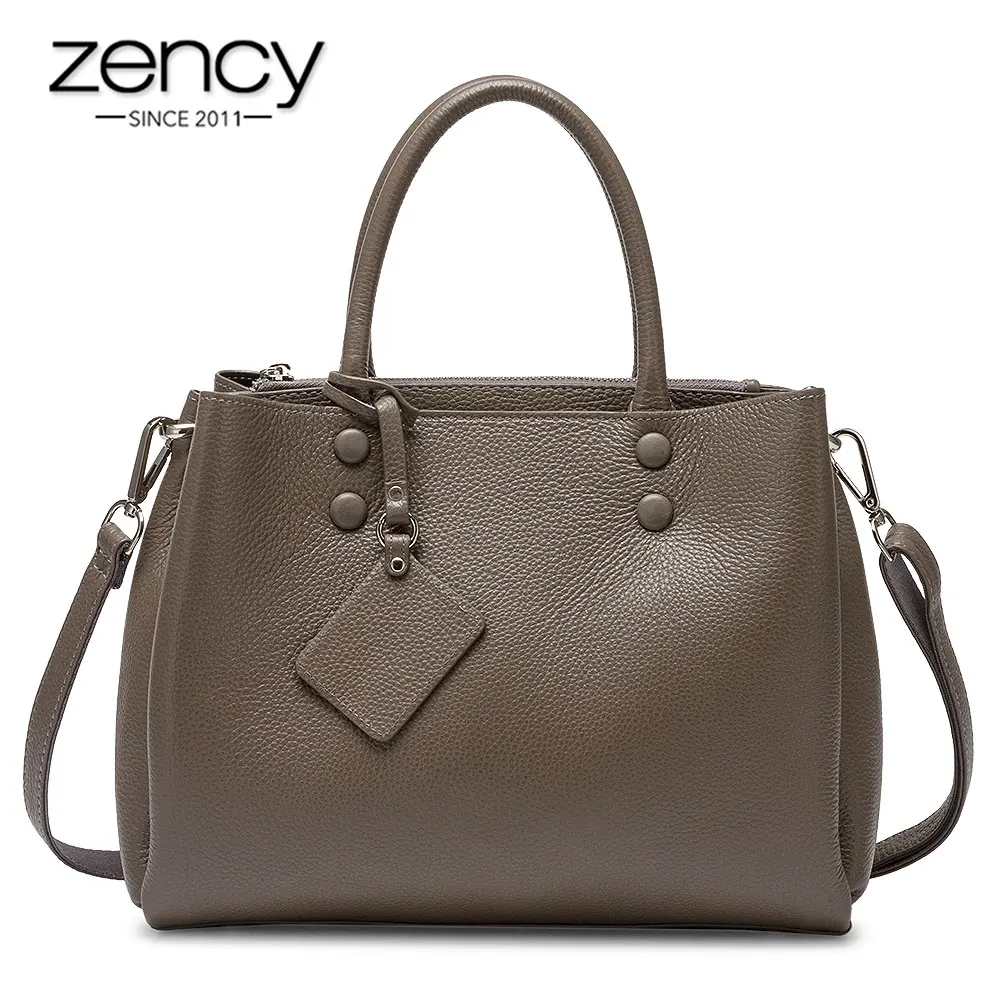 Zency Women Casual Tote Handbag Genuine Leather Fashion Grey Lady Shoulder Crossbody Bag High Quality Office Bags Black