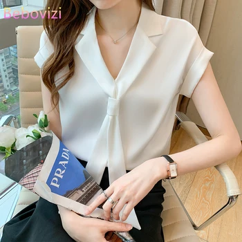 S-XXL 2021 White Green Pink Fashion New Summer Casual Short Sleeve Bow Tie Blouse Tops for Women Office Lady Work Clothes