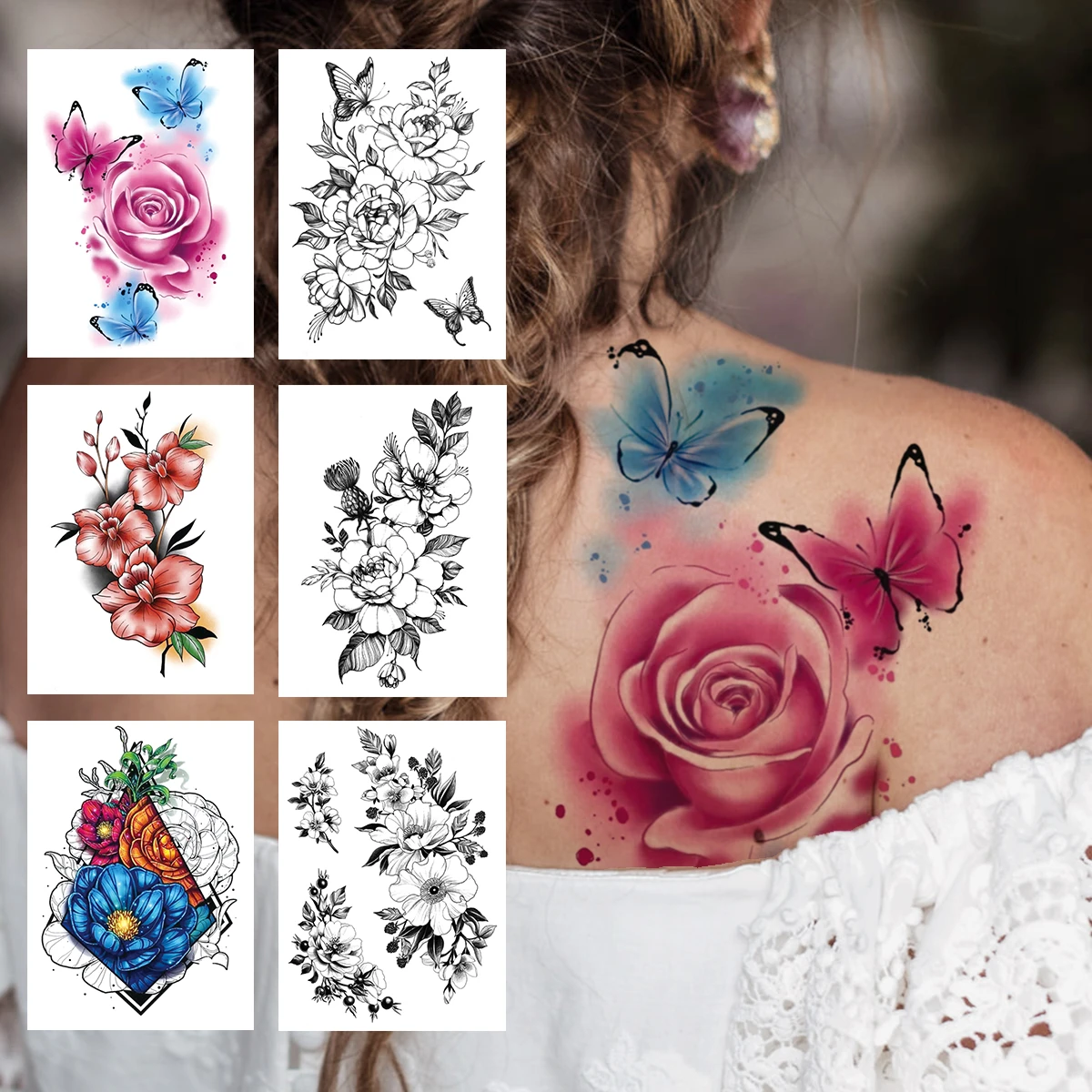 Watercolor Butterfly 3D Rose Temporary Tattoo For Women Girl Henna Flower  Tattoo Sticker Fake Plum Peony Back Tatoos Waterproof|Temporary Tattoos| -  AliExpress