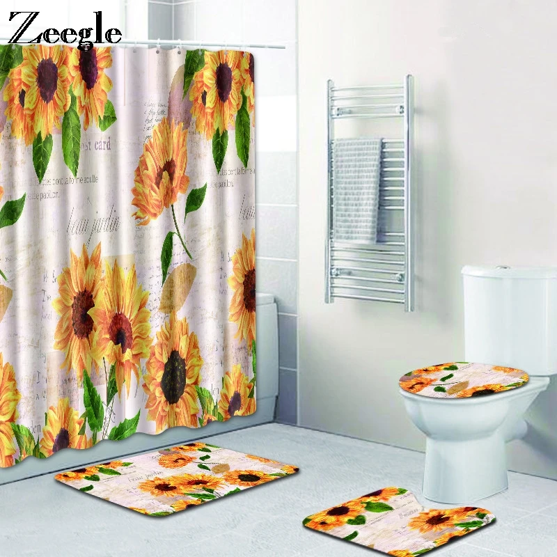 Zeegle Printed Scenic Bath Mat Set with Shower Curtain Washable Toilet Soft Mat Pedestal Rug Lid Toilet Cover Bath Mat Pad Set
