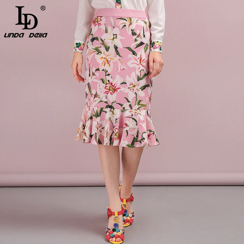 LD LINDA делла модная подиумная Осенняя винтажная юбка Женская высокая талия цветочный принт гофрированная Дамская стильная юбка фасона "Русалка"