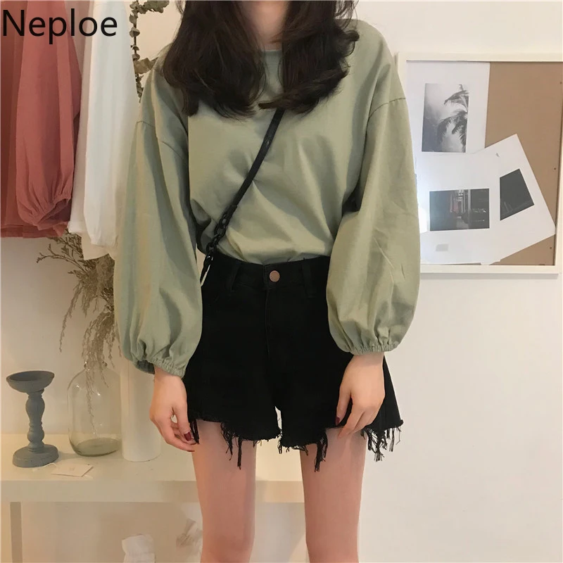 Neploe/свободная тонкая короткая футболка с круглым вырезом, Женская Повседневная футболка с длинными рукавами и фонариком, для студентов, Poleras Mujer De Moda, однотонные осенние безрукавки 46514