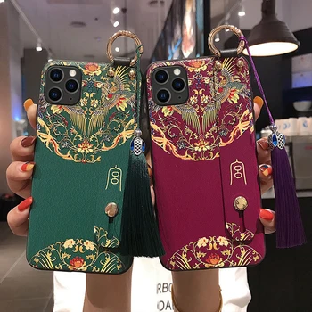 

Beautiful Pattern 3D Emboss Phone Case for iPhone X XS XR 11 Pro Max Soft Back Cover for iPhone 6 7 8Plus Wrist Strap Tassel