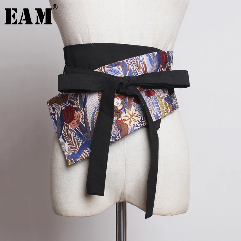 

[EAM] Pattern Print Bandage Bow Wide Belt Asymmetrical Personality Women New Fashion Tide All-match Autumn Winter 2019 JZ450