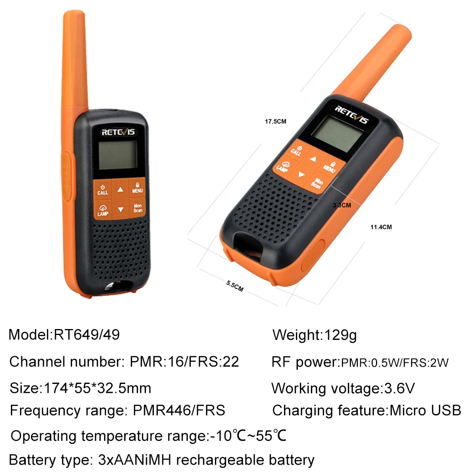 Рация Retevis RT649/RT49 PMR446 FRS для семейного использования 2 шт. водонепроницаемая IP65