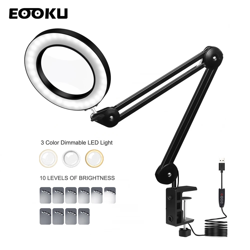 EOOKU USB LED Table Lamp 5X Magnifier Diamond Shape Reading Lamp Illuminated Light for Bedroom