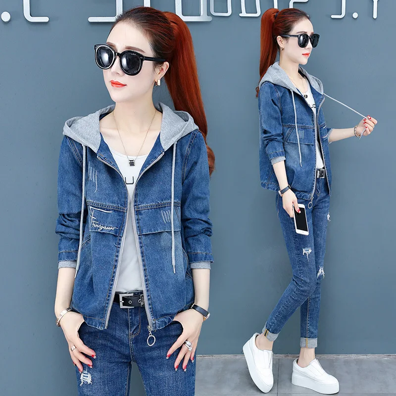 

2019 Spring New Style Korean-style Contrast Color Hooded Jeans Coat Women's Loose-Fit Slimming Elegant Casual Embroidered Tops F