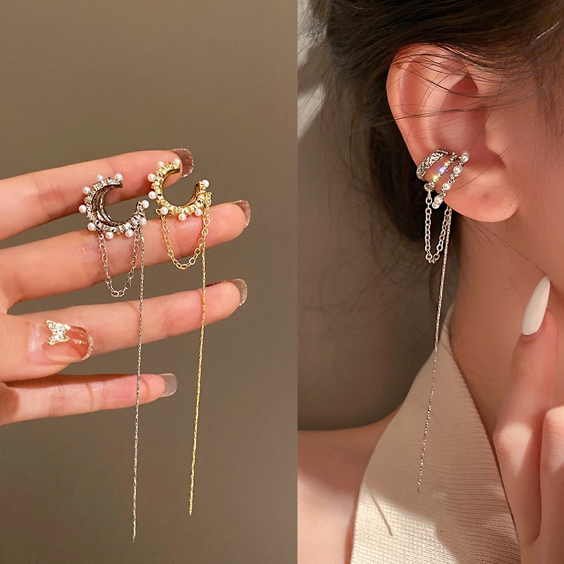 Multi-Layer Clip Earrings For Women Geometric Zircon Pearl Ear Bone No Pierced Long Chain Tassel