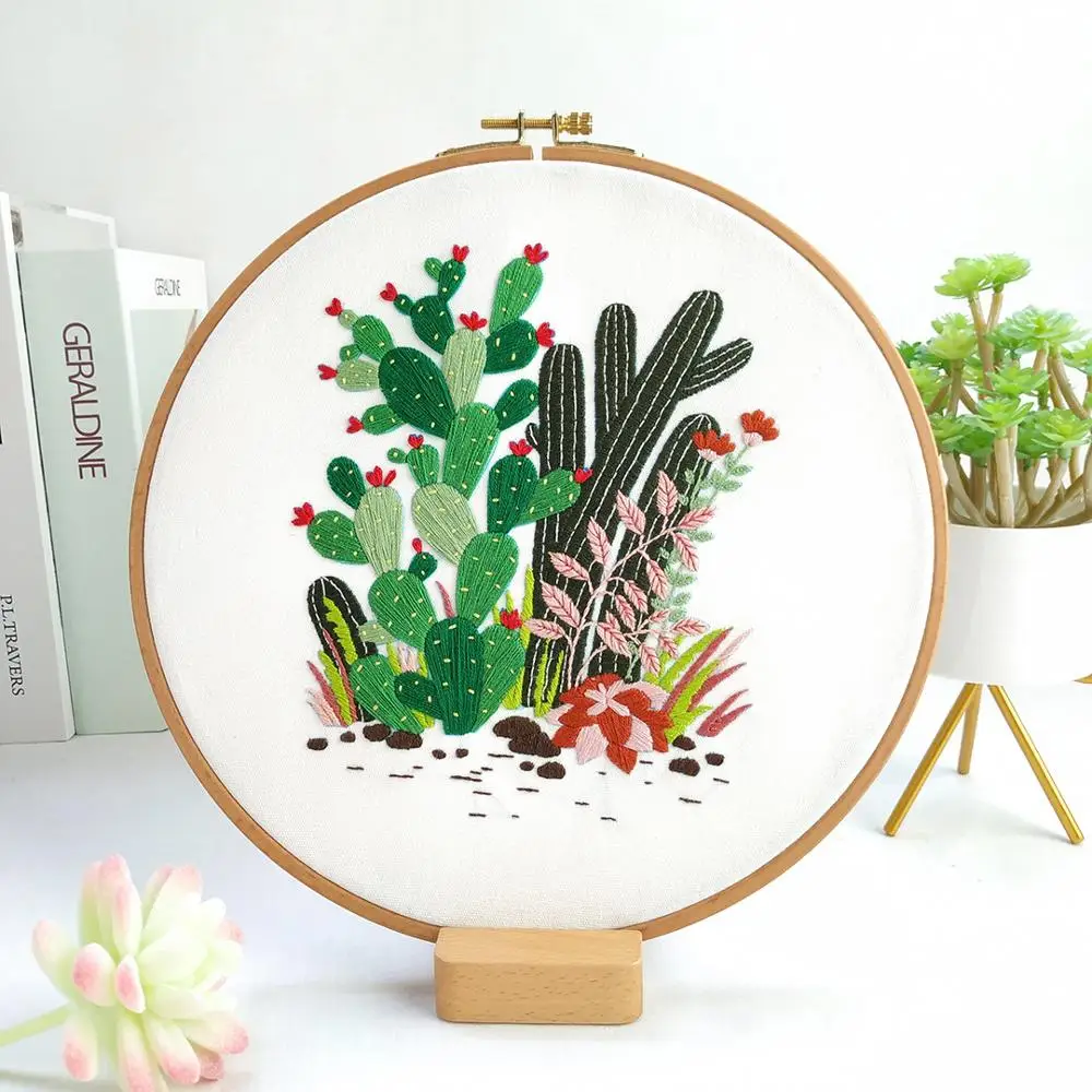 

Green Plant Cactus DIY Embroidery Kit Needlework for Beginner Cross Stitch kit with Hoop Sewing Art Painting Craft Home Decor