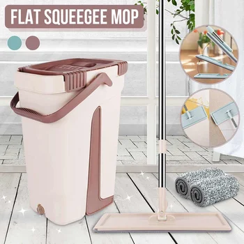 

1Set Flat Squeeze Mop and Bucket Hand Free Wringing Floor Cleaning Mop 360° Roatation Automatic Spin Mop Pads Wet & Dry Usage