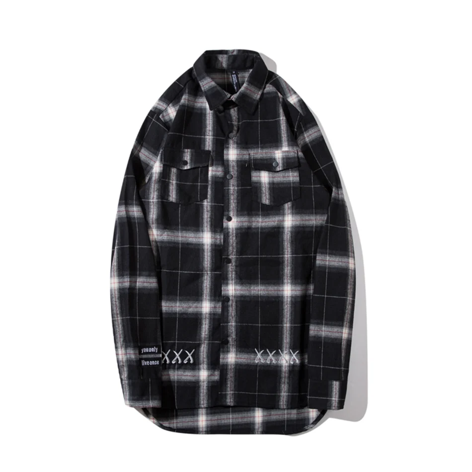 Camisa Masculina, Мужская Осенняя уличная длинная клетчатая рубашка с отворотом, свободная вышитая рубашка с изогнутым подолом в стиле хип-хоп, мужская рубашка