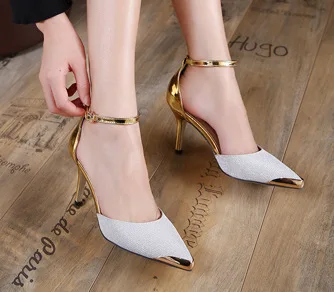 

2017 Early Spring New Style Versatile Comfortable Four Seasons Shoes Thin Heeled Pointed-Toe Mixed Colors Metal High Heel Shoes