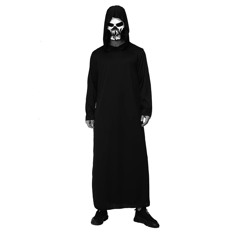 Ghost Face Hooded Gown Costume Adult Scary Demon Skeleton Costume Unisex Halloween Death Cosplay Black Robe With Mask