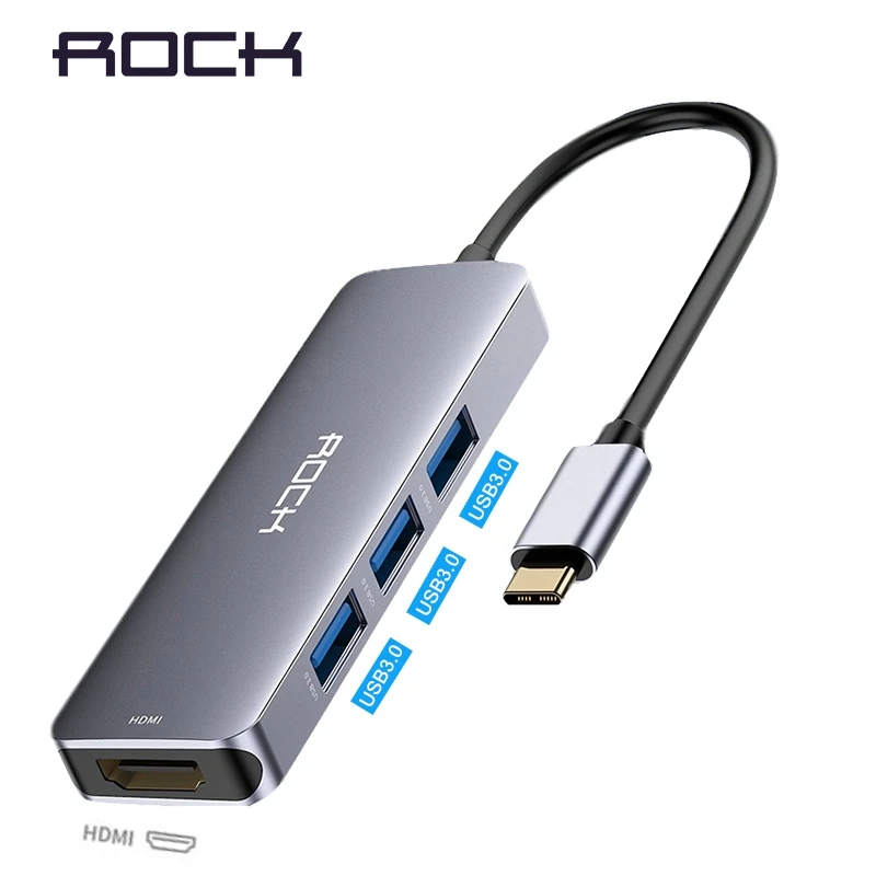 

ROCK USB C to HDMI Converter 4K 30HZ Type-c to HDMI 3Ports USB 3.0*3 Adapter for MacBook Pro Chromebook Pixel Projector TV