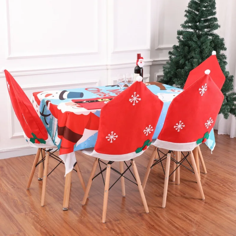 

Christmas Tablecloth Home Decor Chair Cover Dinner Table Santa Claus Snowman Red Cap Ornament Chair Back Covers Party Supplies