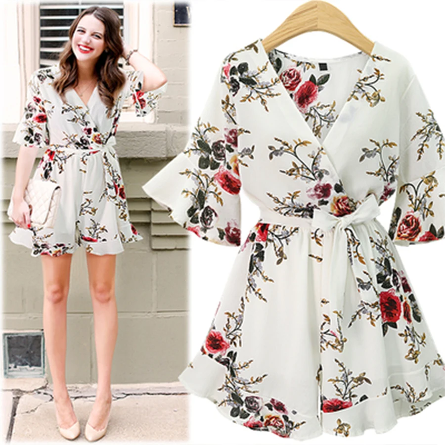 DICLOUD-mono Sexy de gasa con flores para mujer, traje de playa con estampado de cuello en V, monos cortos para mujer, mono informal bohemio