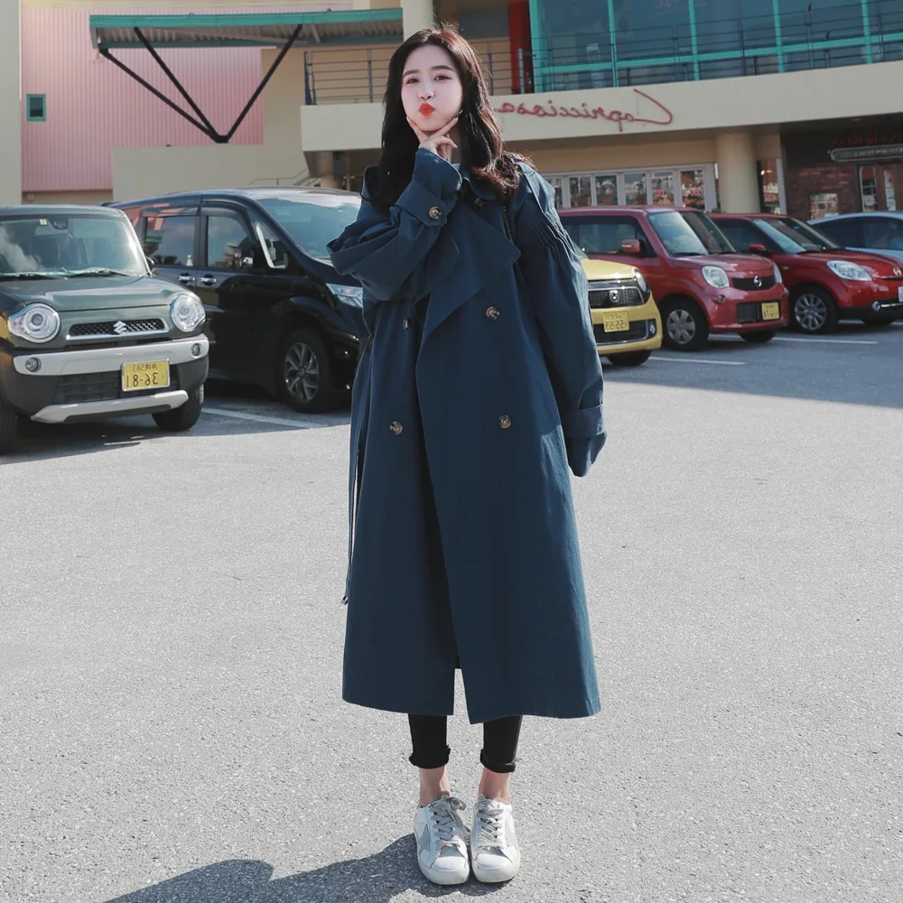 

Photo Shoot 2019 Spring New Style WOMEN'S Dress-Style Retro British Style Double Breasted Waist Hugging Explicit Thin Long Trenc