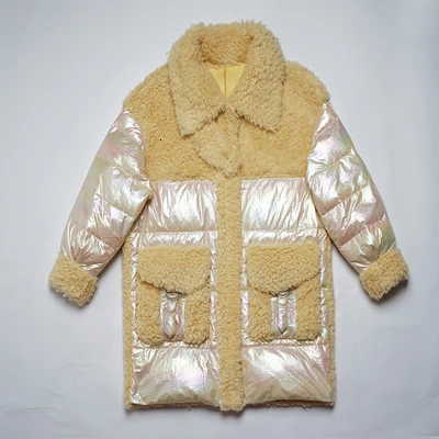 Goose yellow ZURICHOUSE женский пуховик зимняя длинная настоящая меховая парка модная Роскошная овечья шерсть Лоскутная Глянцевая зимняя куртка с перьями - Цвет: Goose yellow