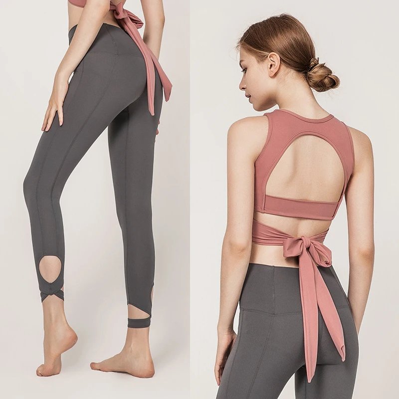 Fashion High Waist Capri 1PC Back Bowknot Cross Lace Up Comfortable Soft Elastic Gym Fitness Workout Running Tops Sports Bra