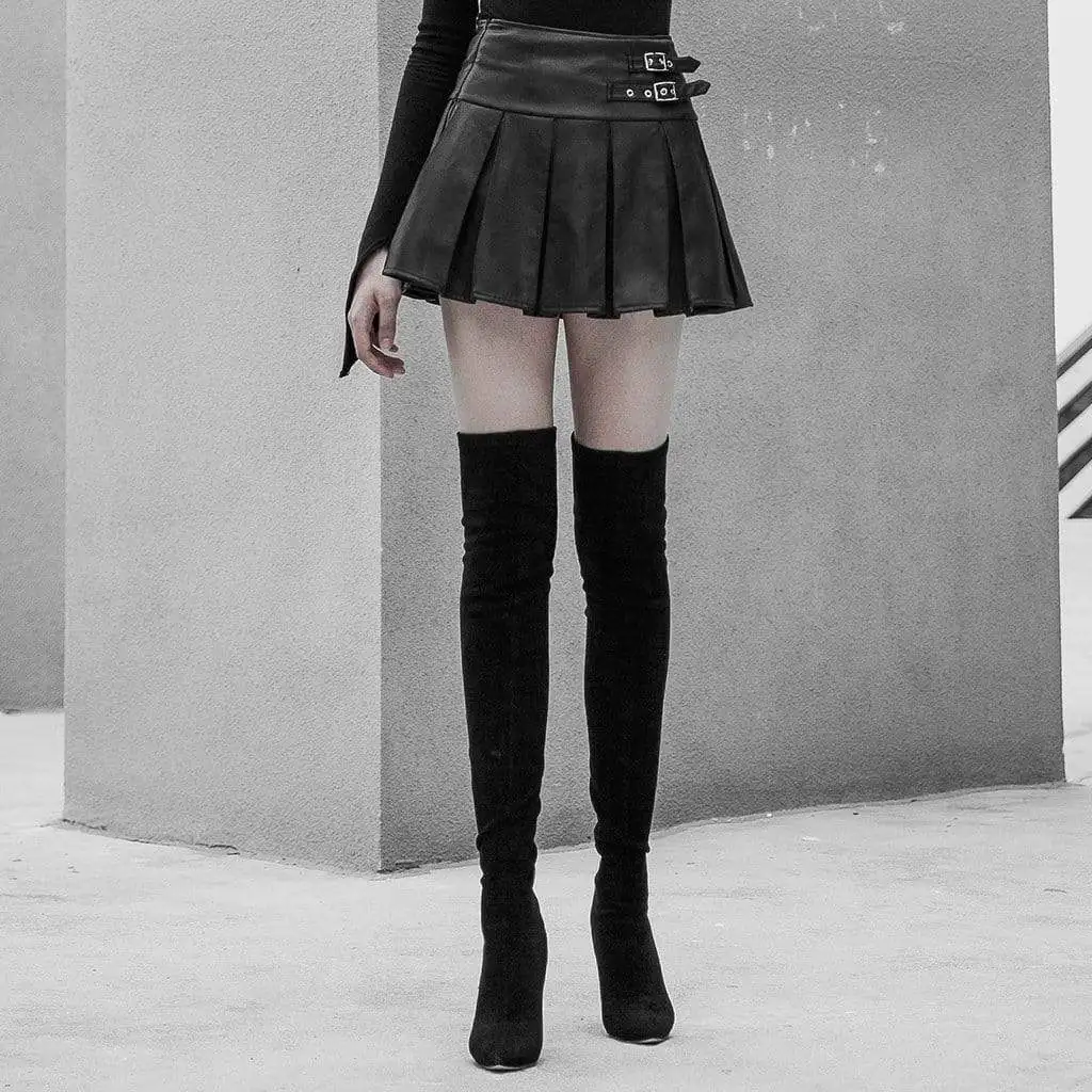 Панк рейв женские панк, искусственная кожа Высокая талия плиссированная юбка с металлическими пряжками OPQ-439BQF