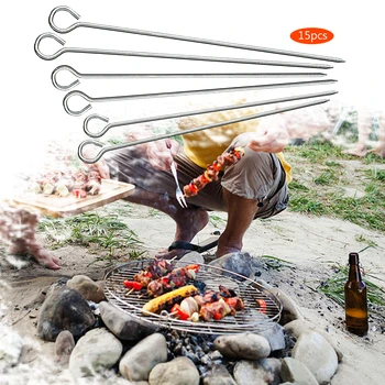 

Outdoor home camping picnic tools Round Roast Skewers Needle stick 15Pcs Stainless Steel BBQ Barbeque Skewers kitchen utensils