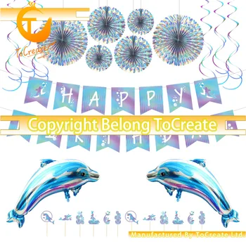 

Hot Sale Dolphin Theme Children's Birthday Party Background Decoration Set Birthday Pull Flag Spiral Cake Flag Dolphins Balloon