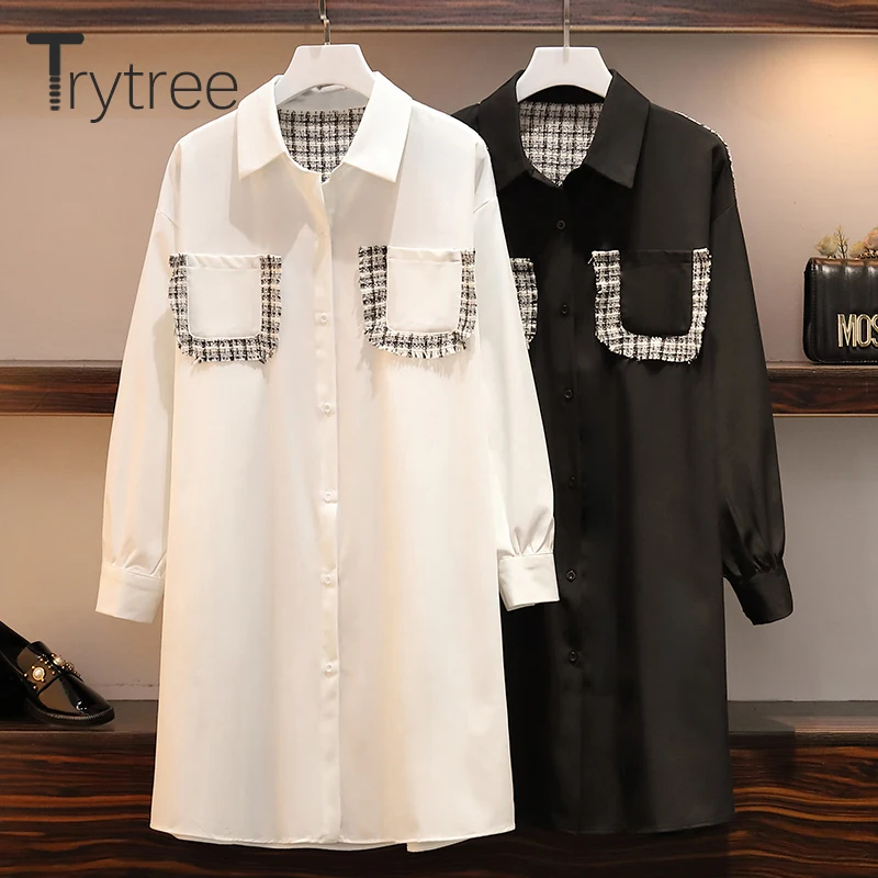 

Trytree Autumn Women Casual Women Dress Turn-down Collar Pockets Patchwork Single Breasted Knee-Length Office Lady Shirt Dress