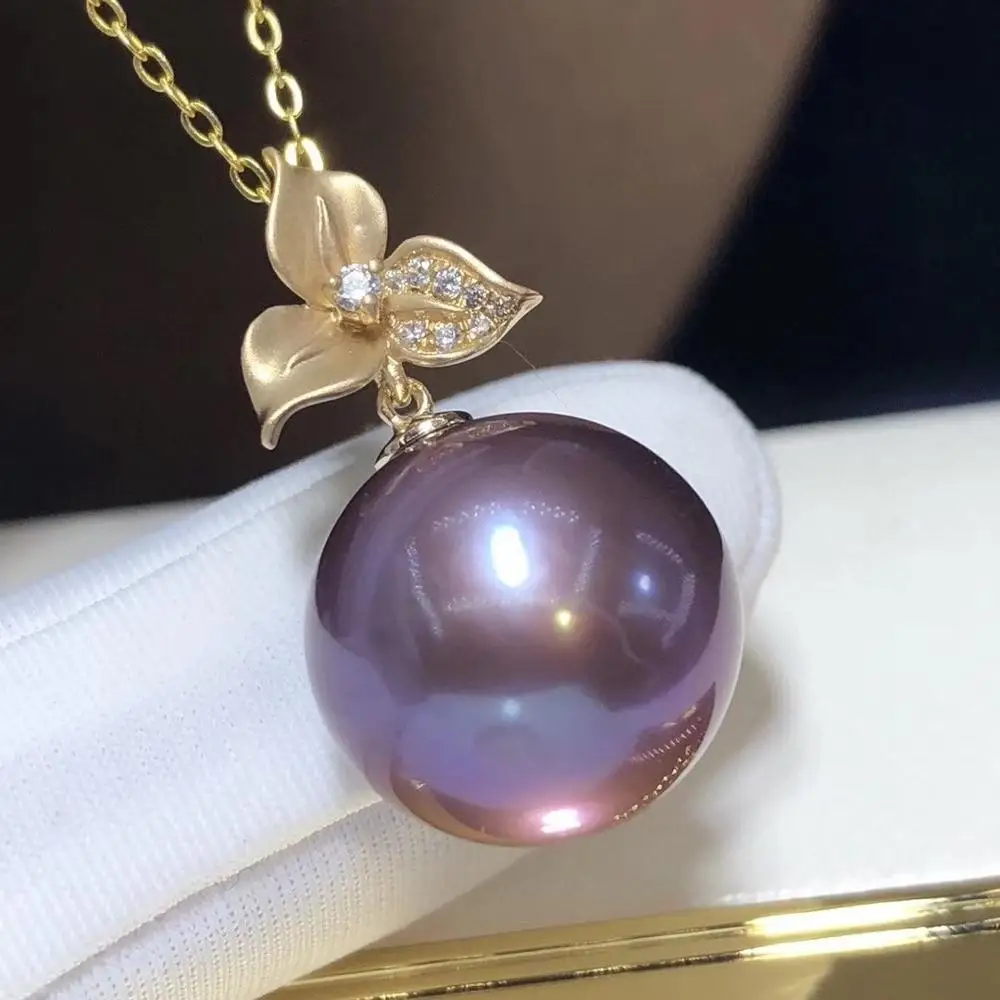 

D310 Fine Jewelry 18K Gold 12-13mm Natural Fresh Water Purple Pearls Pendant Necklaces for Women FIne Pearls Pendants