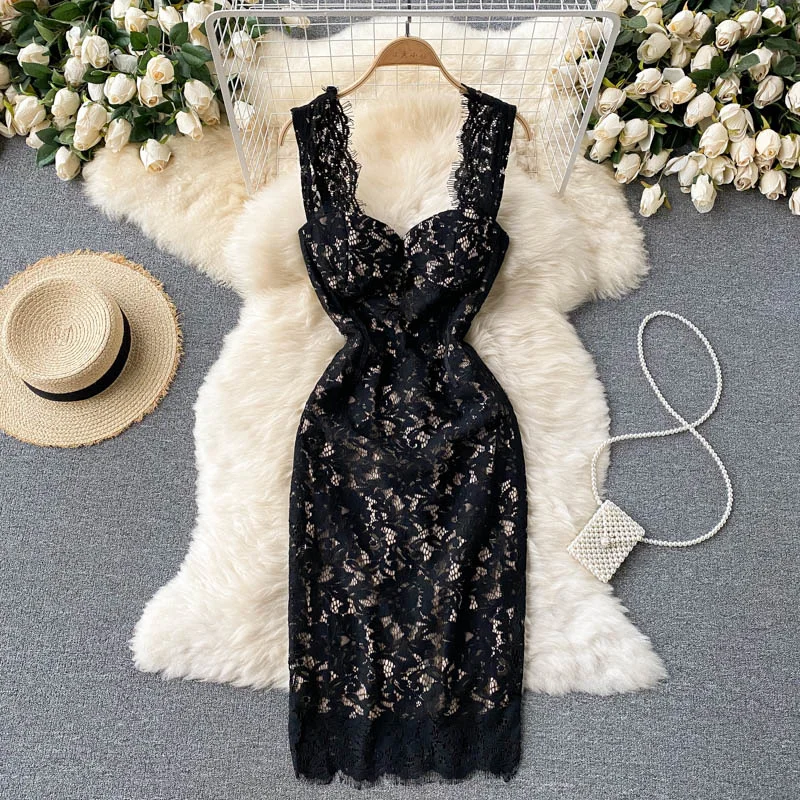 Black Lace Dress Women 2025 summer Elegant Padded Square Collar Sleeveless Spaghetti Strap Empire Sexy Evening Party Dress Robe