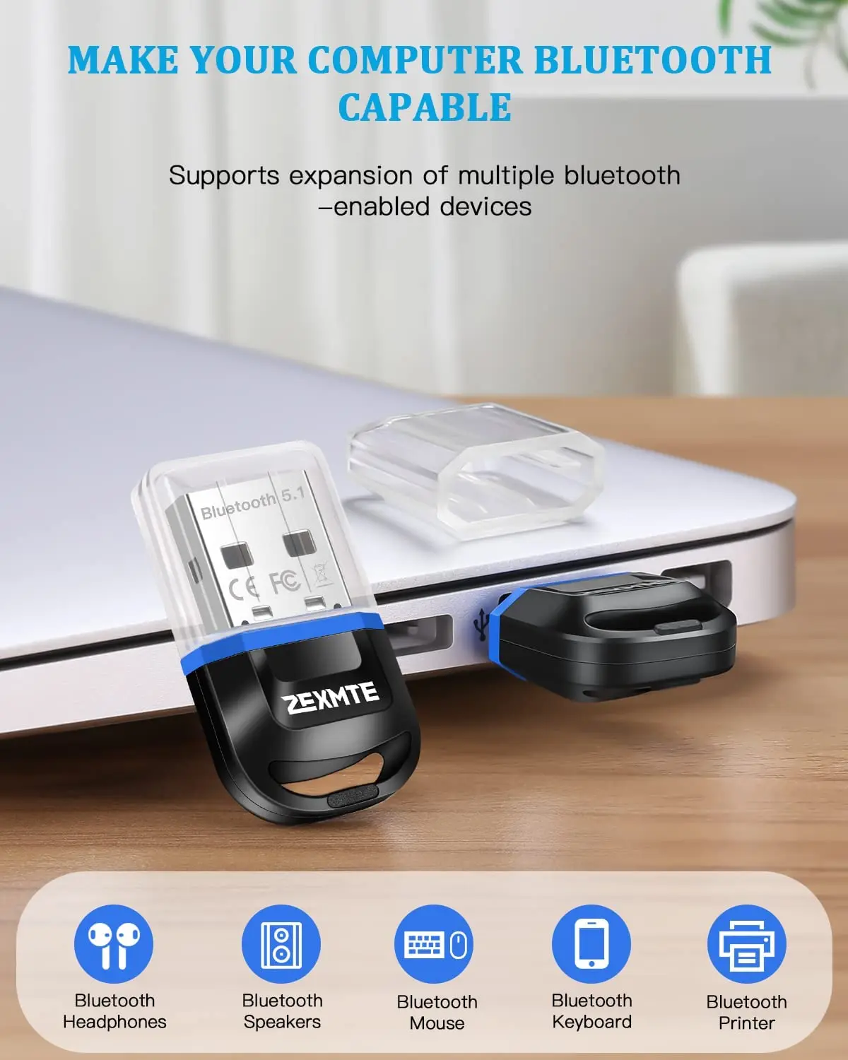 Zexmte USB Bluetooth Adapter for PC,Plug & Play Bluetooth 5.3 Wirless USB  Dongle Long Range Transmitter Receiver,Bluetooth Adapter Compatible with  Windows 8.1/10/11 