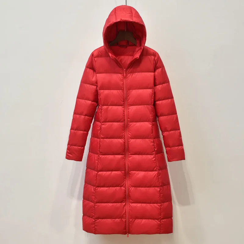Luzuzi, пуховик, Женское пальто, ультра-тонкий светильник, одноцветное пальто, портативные парки, женский пуховик с капюшоном, длинная куртка, белый утиный пух - Color: red down jacket