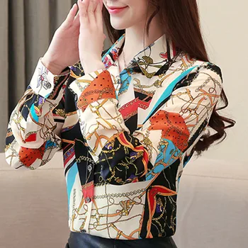 

2019 New Fashion Autumn Women Blouses Tops Long Sleeve Shirts for Button Chiffon Turn Down Neck Print Plus Size Blusas