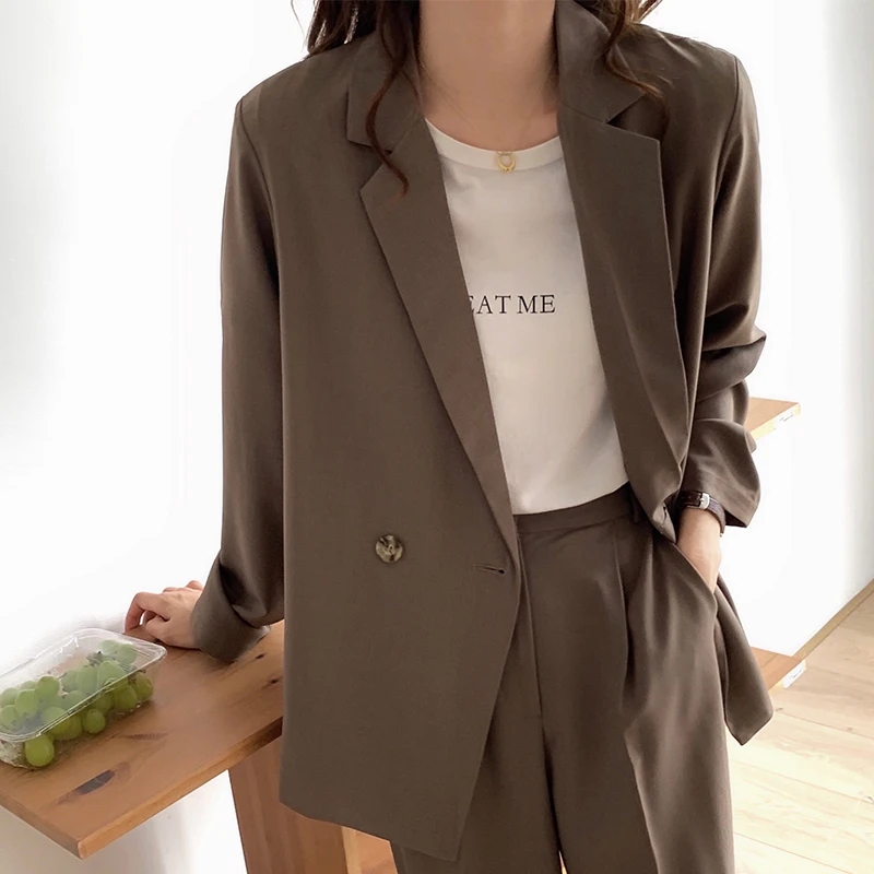 

Single Breasted Blazers Women Autumn Winter Notched Full Sleeve Camel Coats Office Ladies Casual Loose Button Blazer Outwear