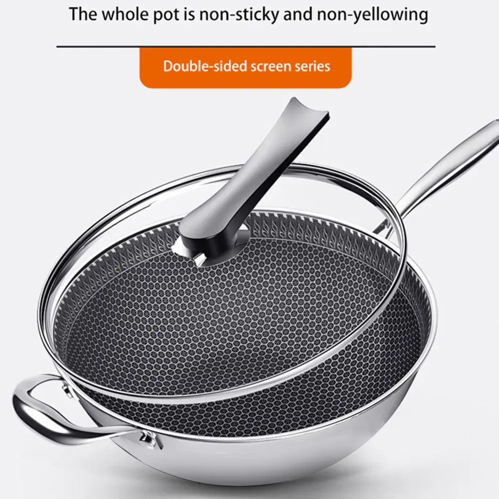 Poêle antiadhésive Wok en acier inoxydable, poêle à frire avec couvercle en verre, poêle à frire en nid d'abeille, ustensiles de cuisine polyvalents