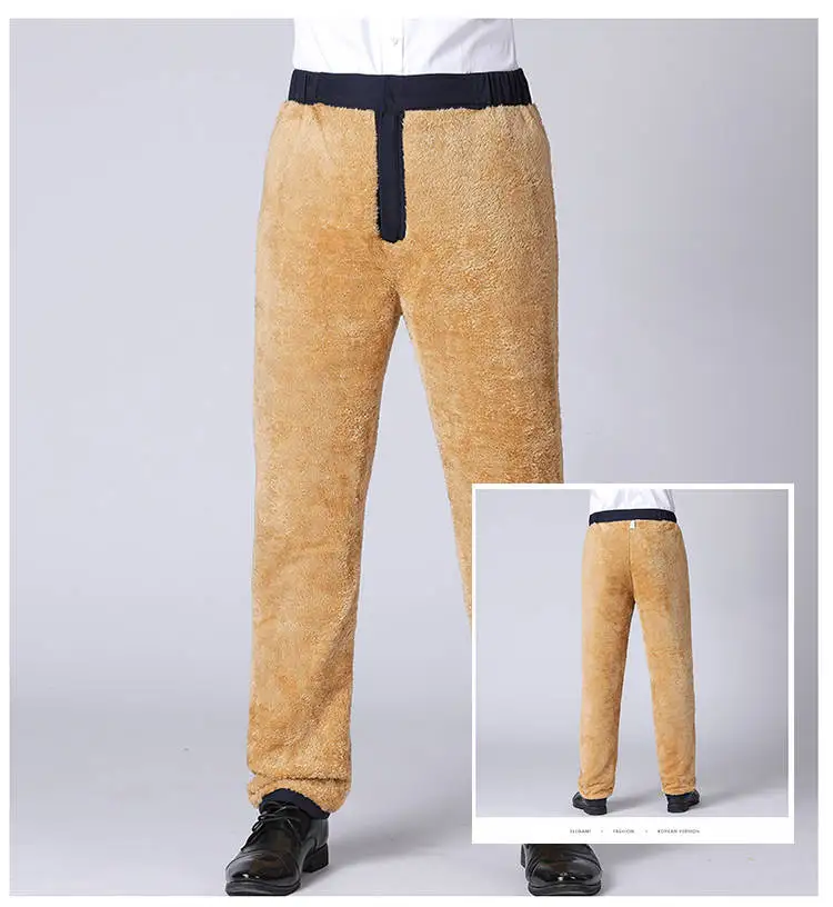 Men's Casual PANTS Winter High waist three Layer Plush and Thickened Warm pants for Old Men Outwear Trousers