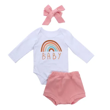 

Baby Girls 3 PCS autumn Outfit Set Rainbow Letter Long Sleeve Button Closure Romper Short e Pants Bow HairBand Set