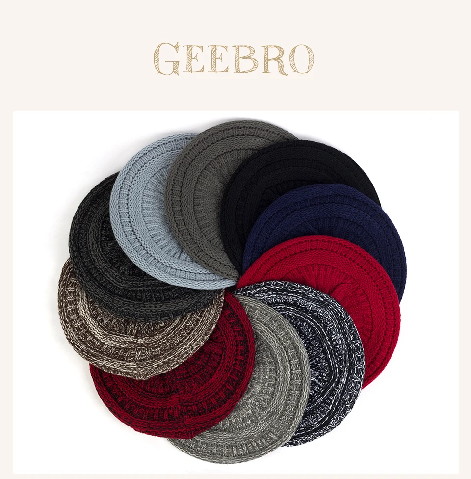 Geebro Coarse Wool Knit Berets For Women Female Fashion Stitching Color Caps Winter Warm Hats Turban Wraps Girls Acrylic Hats