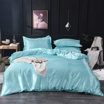

OLOEY home textile solid color pure satin silk bedding set King queen size bed set duvet cover sheet flat sheet bed romantic