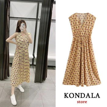 

KONDALA 2020 vintage women sleeveless yellow floral print V-Neck elastic waist maxi sexy party dress de fiesta de noche vestidos
