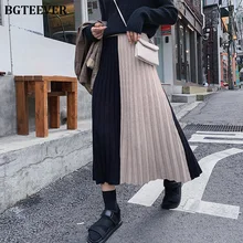 Осень-зима толстые Для женщин вязаная юбка с высокой талией, из лоскутов Женская трикотажные юбки Винтаж плиссированная юбка миди Женская юбка