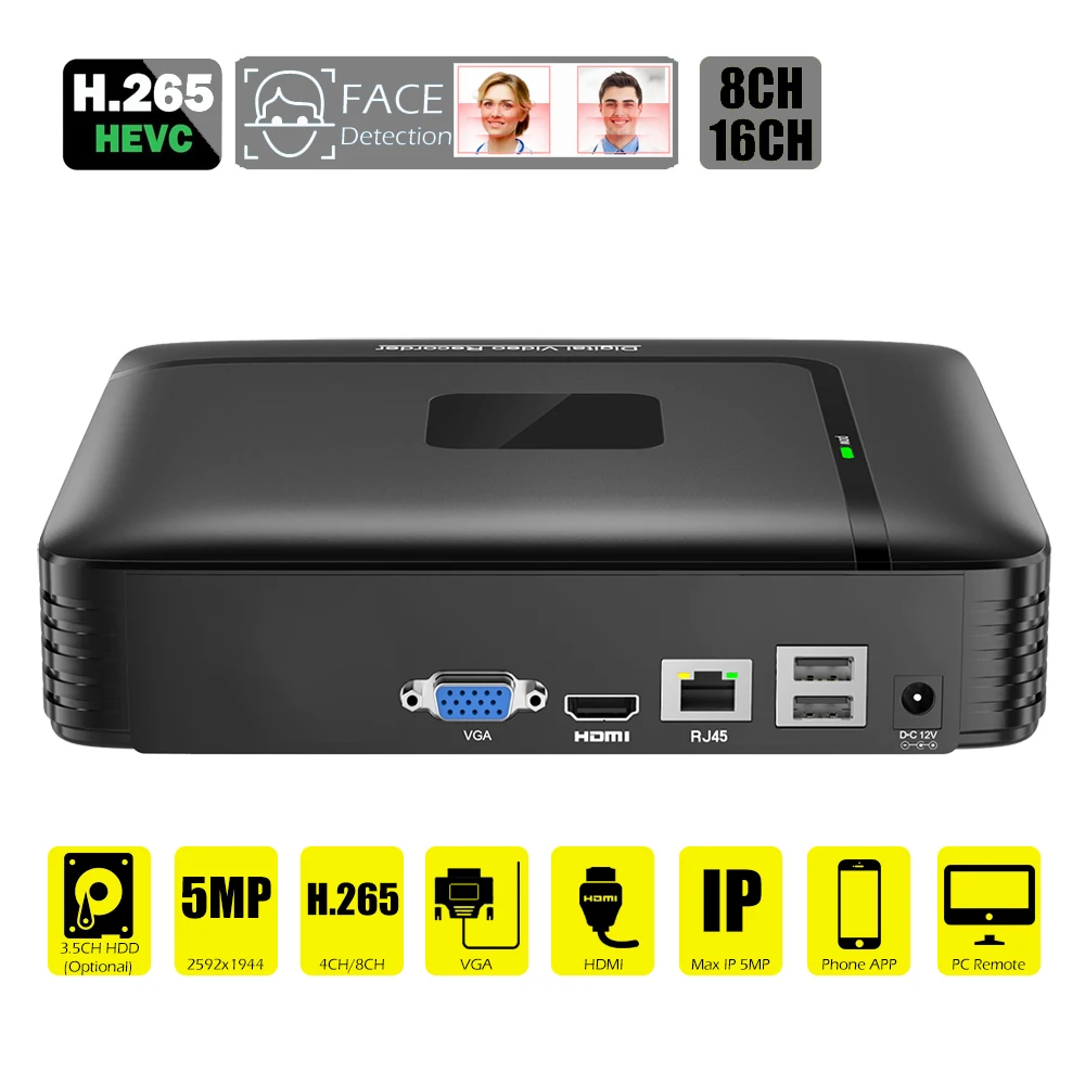 H.265 детектор движения ONVIF P2P CCTV NVR распознавание лиц новый Max 4K Выход 16CH 5MP/ 9CH 5MP