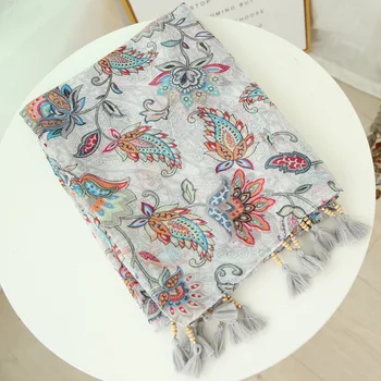 

shawl printed wooden beads tassels cotton and hemp national wind scarf women's super-long dual-purpose silk scarf beach scarf