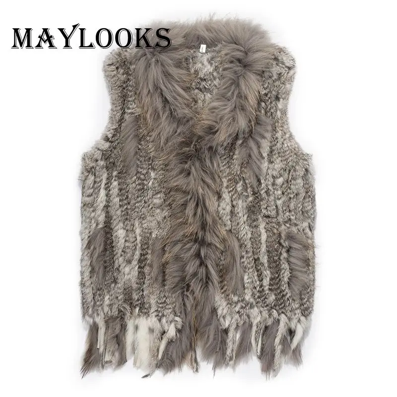 Женский жилет maylook из натурального кроличьего меха с воротником енота Зимняя