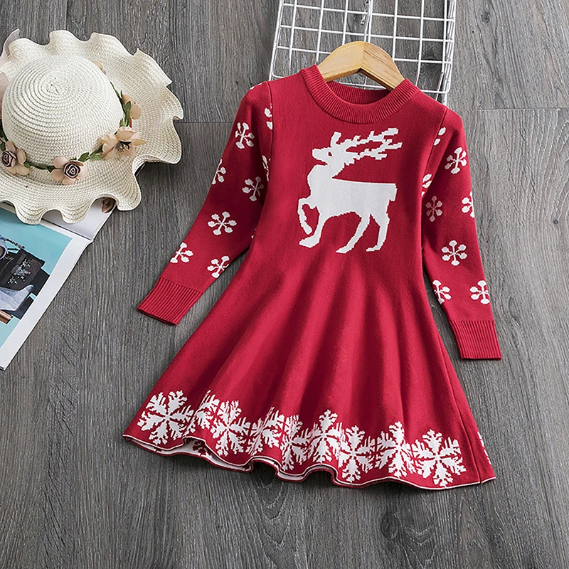 Детские платья для девочек с длинными рукавами и рисунком снежинок; платье-свитер для девочек; новогодний костюм; платье принцессы; детское рождественское платье; vestidos